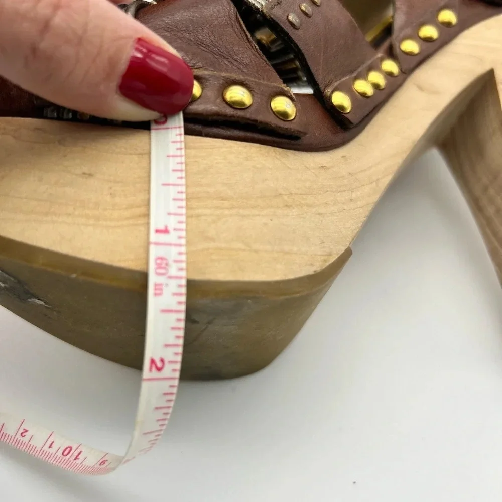 Miu Miu 36 Heel Sling Clog Wedge Platform Stud Brown Leather Wood Y2k boho tall